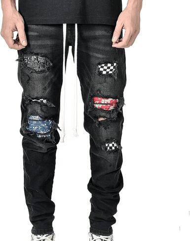 Men's Pattern Patch Ripped Jeans Skinny Stretch Plaid Printed Denim Pants Slim Fit Distressed Patchwork Biker Jean in Saudi Arabia
