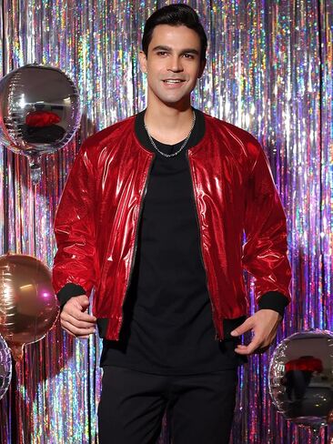 Lars Amadeus Men's Sparkle Shimmering Metallic Jacket Disco Party Shiny Bomber Jacket in Kuwait