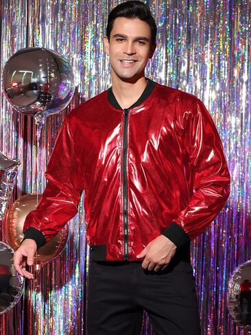 Lars Amadeus Men's Sparkle Shimmering Metallic Jacket Disco Party Shiny Bomber Jacket in Kuwait