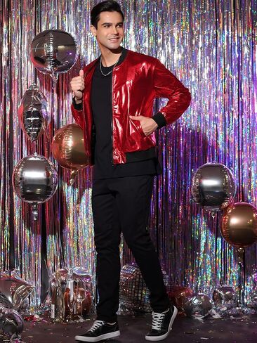Lars Amadeus Men's Sparkle Shimmering Metallic Jacket Disco Party Shiny Bomber Jacket in Kuwait