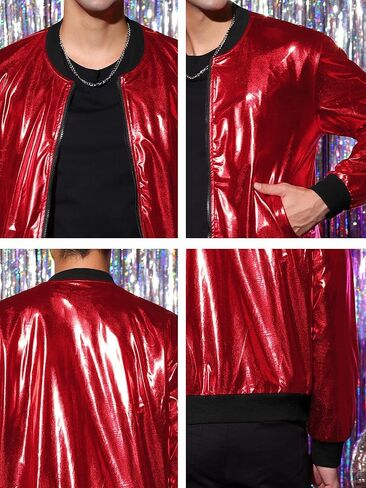 Lars Amadeus Men's Sparkle Shimmering Metallic Jacket Disco Party Shiny Bomber Jacket in Kuwait
