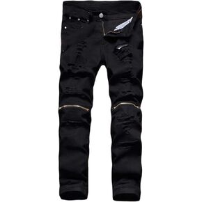 Andongnywell Men's Moto Biker Ripped Jeans Distressed Skinny Slim Fit Denim Pants Trousers with Zippers in Saudi Arabia
