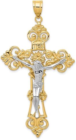 Solid 14k Yellow and White Gold Two Tone INRI Fleur De Lis Cross Pendant Crucifix Charm - 68mm x 36mm in Saudi Arabia