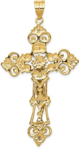 Solid 14k Yellow and White Gold Two Tone INRI Fleur De Lis Cross Pendant Crucifix Charm - 68mm x 36mm in Saudi Arabia