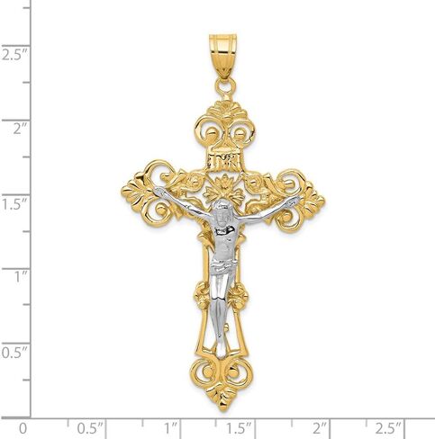 Solid 14k Yellow and White Gold Two Tone INRI Fleur De Lis Cross Pendant Crucifix Charm - 68mm x 36mm in Saudi Arabia