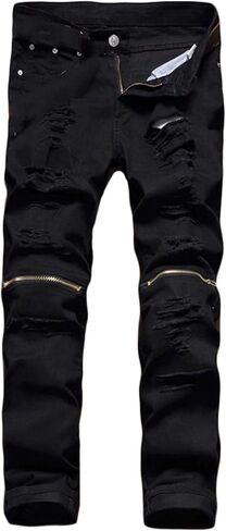 Andongnywell Men's Moto Biker Ripped Jeans Distressed Skinny Slim Fit Denim Pants Trousers with Zippers in Saudi Arabia