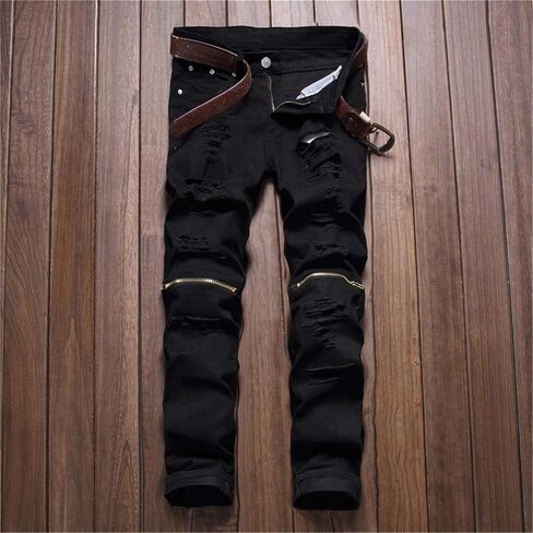 Andongnywell Men's Moto Biker Ripped Jeans Distressed Skinny Slim Fit Denim Pants Trousers with Zippers in Saudi Arabia