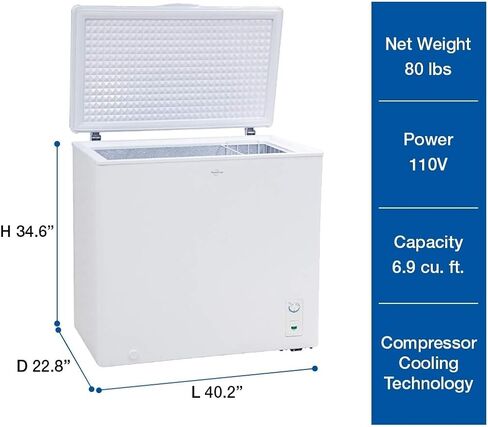 Koolatron Large Chest Freezer, 7.0 cu ft (195L), White, Manual Defrost Deep Freeze, Storage Basket, Space-Saving Flat Back, Stay-Open Lid, Front-Access Drain, for Basement, Laundry Room, Cottage in Saudi Arabia
