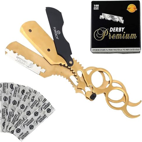 Barber Straight Razor Professional Straight Edge Razor for Men -100 Derby Blades Double Ring Barber Razor Compatible with Double Edge Blade Beard Shaping tool (Black) in Saudi Arabia