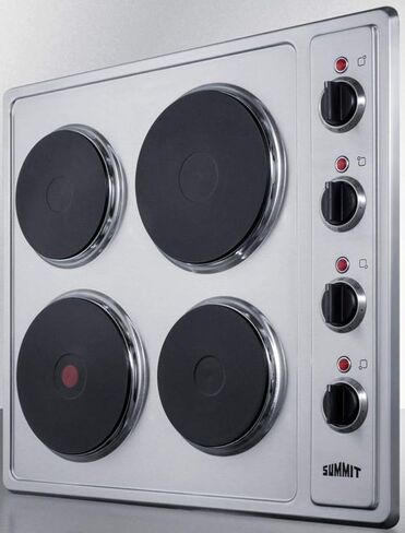 Summit Appliance CSD4B24 24" Wide 230V 2-Burner Solid Disk Cooktop in Stainless Steel Surface with Cast Iron Element, Push-to-turn Controls, Indicator Lights, Designed for Built-in Installation in Saudi Arabia