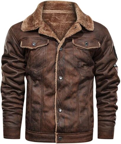 Vintage Jackets Mens Faux Suede Sherpa Lined Jackets Winter Warm Turn-Down Collar Thicken Coats Casual Cargo Jackets in Kuwait