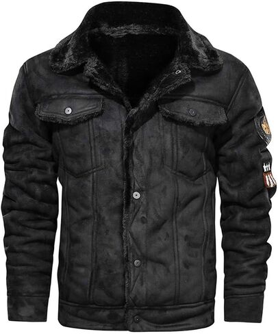 Vintage Jackets Mens Faux Suede Sherpa Lined Jackets Winter Warm Turn-Down Collar Thicken Coats Casual Cargo Jackets in Kuwait