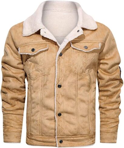 Vintage Jackets Mens Faux Suede Sherpa Lined Jackets Winter Warm Turn-Down Collar Thicken Coats Casual Cargo Jackets in Kuwait
