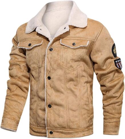 Vintage Jackets Mens Faux Suede Sherpa Lined Jackets Winter Warm Turn-Down Collar Thicken Coats Casual Cargo Jackets in Kuwait