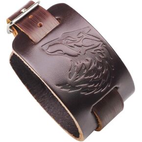 Mens Leather Cuff Bracelet – Wolf Head Bracelet Wide Belt, Gift Ideas for Brother, Dad, Boyfriend, Husband (Wolf Brown) in Saudi Arabia