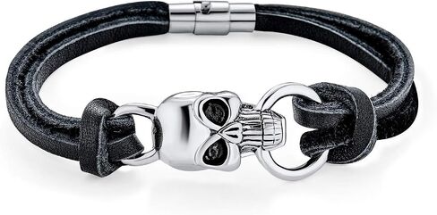 Skulls Crossbones Genuine Black Leather Multi Strand Wrap Stainless Steel Cuff Bracelet for Men for Women Bikers in Saudi Arabia