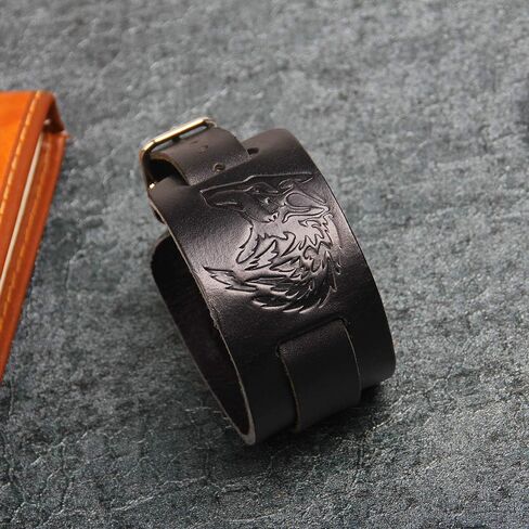 Mens Leather Cuff Bracelet – Wolf Head Bracelet Wide Belt, Gift Ideas for Brother, Dad, Boyfriend, Husband (Wolf Brown) in Saudi Arabia