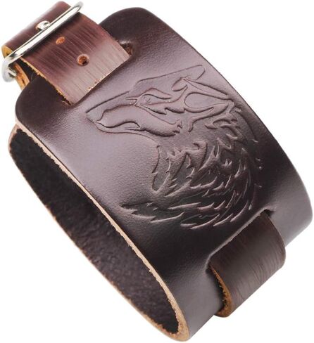 Mens Leather Cuff Bracelet – Wolf Head Bracelet Wide Belt, Gift Ideas for Brother, Dad, Boyfriend, Husband (Wolf Brown) in Saudi Arabia