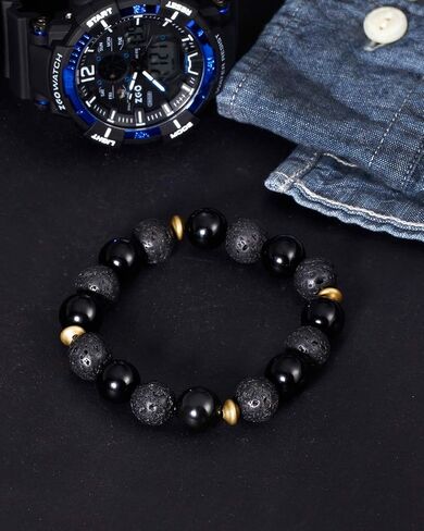 Lightock Lava Rock Obsidian سوار للرجال من الزيوت الأساسية نشر الخرز 12 مم مرن مطاط اليوغا التأمل in Saudi Arabia