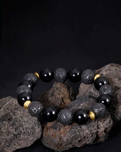 Lightock Lava Rock Obsidian سوار للرجال من الزيوت الأساسية نشر الخرز 12 مم مرن مطاط اليوغا التأمل in Saudi Arabia