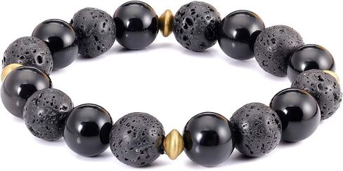 Lightock Lava Rock Obsidian سوار للرجال من الزيوت الأساسية نشر الخرز 12 مم مرن مطاط اليوغا التأمل in Saudi Arabia
