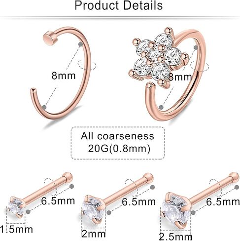 Cisyozi 20G 18G الفولاذ المقاوم للصدأ حلقات الأنف مسمار مجموعة 1.5 مم 2 مم 2.5 مم 3 مم مطعمة واضح الماس تشيكوسلوفاكيا المسمار L على شكل العظام الأنف ثقب المجوهرات 4 أزواج in Saudi Arabia