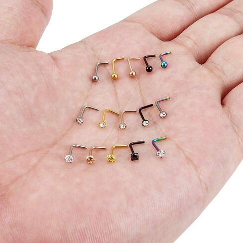 Lcolyoli Nose Ring 20 Gauge Surgical Steel Nose Stud L Shaped Screw Bone for Women Body Piercing Jewelry with Clear Diamond CZ 15 Pieces in Kuwait