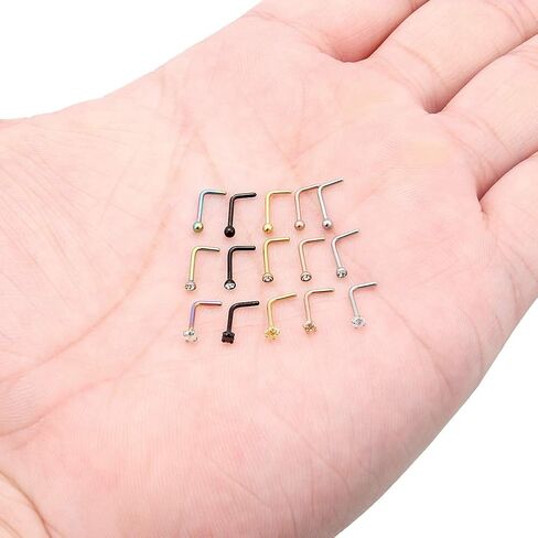 Lcolyoli Nose Ring 20 Gauge Surgical Steel Nose Stud L Shaped Screw Bone for Women Body Piercing Jewelry with Clear Diamond CZ 15 Pieces in Kuwait