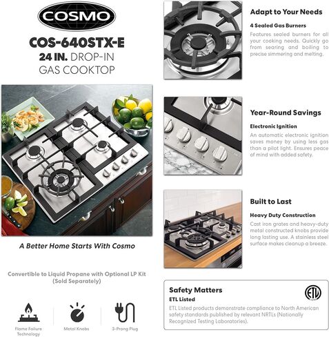 COSMO 640STX-E 24 بوصة. موقد غاز مع 4 شعلات محكمة الغلق، طباخ مسطح قابل للسحب مع شبكة من الحديد الزهر ومقابض معدنية مقاومة للذوبان في الفولاذ المقاوم للصدأ in Kuwait