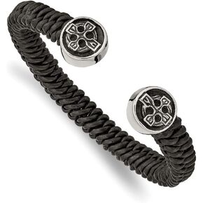 Solid Stainless Vintage Antiqued and Black Leather Celtic Knot Irish Claddagh Cross Cuff Bracelet (Width = 8mm) in Kuwait