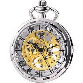TREEWETO Men's Pocket Watch Hollow Steampunk Skeleton Dial Visible Gears Mechanical Movement Open Face, Silver in Kuwait