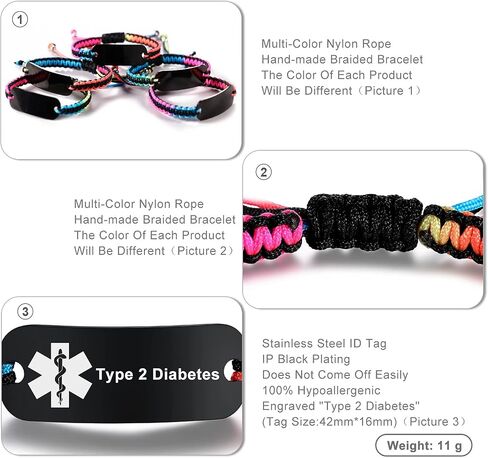 MAXZOOL Medical Alert Bracelets for Women Men | Medical ID Bracelet for Men | T1D T2D Diabetes Epilepsy Medical Alert Disease Awareness Bracelet | Adjustable Emergency ID Bracelet with Nylon Rope in Kuwait