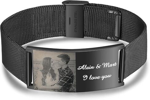 Personalized Black Bracelet for Men Personalized Photo Bracelet for Father 7.6"-8.66" Stainless Steel Custom Name ID Bracelet for Men Dad Father Boyfriend Brother in Saudi Arabia