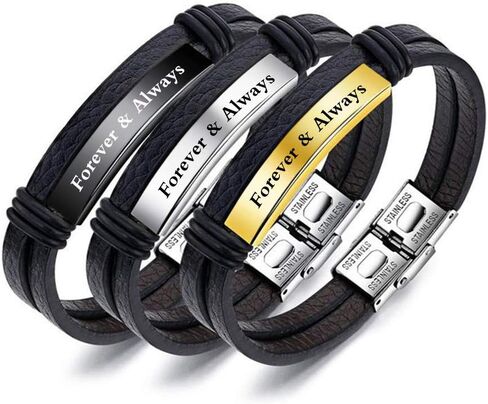 Personalized Black Bracelet for Men Personalized Photo Bracelet for Father 7.6"-8.66" Stainless Steel Custom Name ID Bracelet for Men Dad Father Boyfriend Brother in Kuwait