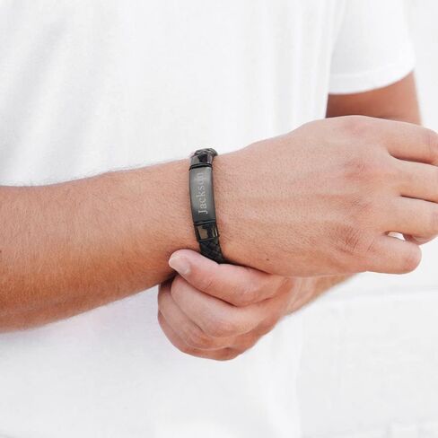 EVE'S ADDICTION Custom Engraved Bracelets for Men - Men's Leather Black Id Bracelet - Name Bracelet - Personalize Men's Bracelet - Men's Jewelry - Birthday Gift for Him in Saudi Arabia