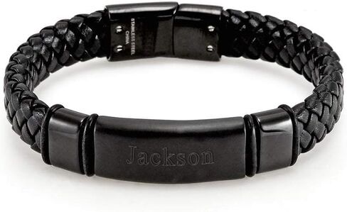 EVE'S ADDICTION Custom Engraved Bracelets for Men - Men's Leather Black Id Bracelet - Name Bracelet - Personalize Men's Bracelet - Men's Jewelry - Birthday Gift for Him in Saudi Arabia