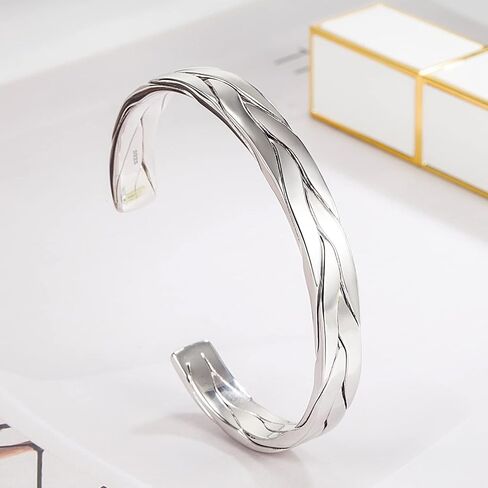 Fashion Men & Women 925 Sterling Silver Bracelet Simple Cuff Bangles Couples Jewelry For Him Her Adjustable Bracelet in a Pretty Gift Box in Kuwait