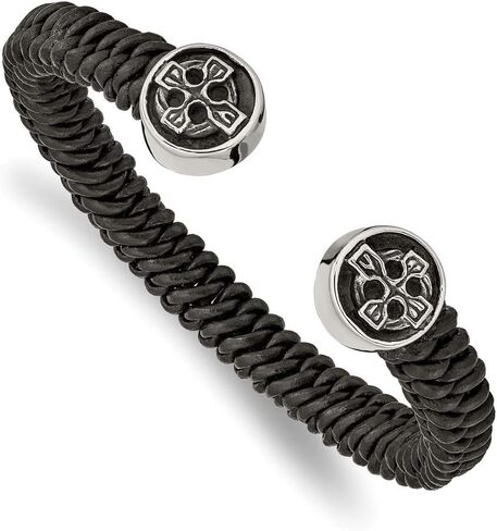 Solid Stainless Vintage Antiqued and Black Leather Celtic Knot Irish Claddagh Cross Cuff Bracelet (Width = 8mm) in Saudi Arabia