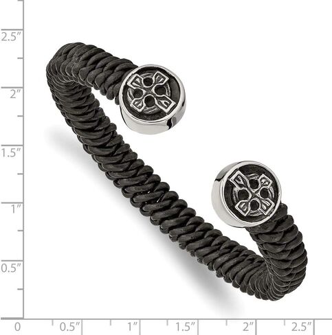 Solid Stainless Vintage Antiqued and Black Leather Celtic Knot Irish Claddagh Cross Cuff Bracelet (Width = 8mm) in Saudi Arabia