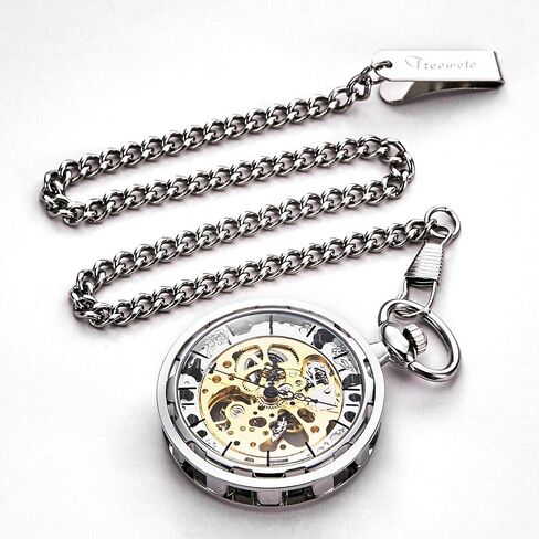 TREEWETO Men's Pocket Watch Hollow Steampunk Skeleton Dial Visible Gears Mechanical Movement Open Face, Silver in Saudi Arabia