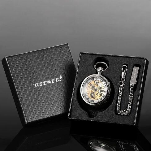 TREEWETO Men's Pocket Watch Hollow Steampunk Skeleton Dial Visible Gears Mechanical Movement Open Face, Silver in Saudi Arabia