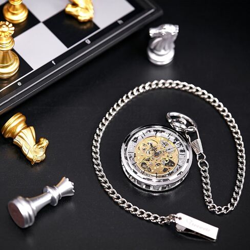 TREEWETO Men's Pocket Watch Hollow Steampunk Skeleton Dial Visible Gears Mechanical Movement Open Face, Silver in Saudi Arabia