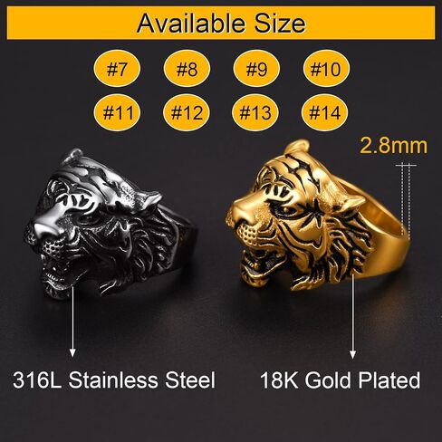 ChainsPro Mens Stunning Tiger Head Rings, Nice Craftmanship, Spiritual Animal Ring, Size #7-#14, 316L Stainless Steel/18K Gold Plated (Send Gift Box) in Kuwait