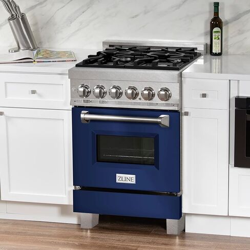 ZLINE 24" 2.8 cu. ft. Dual Fuel Range with Gas Stove and Electric Oven in DuraSnow® Stainless Steel and Blue Gloss Door (RAS-BG-24) in Saudi Arabia