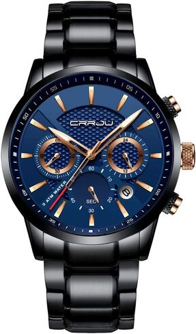 CRRJU Brand Men's Business Casual Chronograph Quartz Waterproof Wristwatch Black Stainless Steel Strap in Saudi Arabia