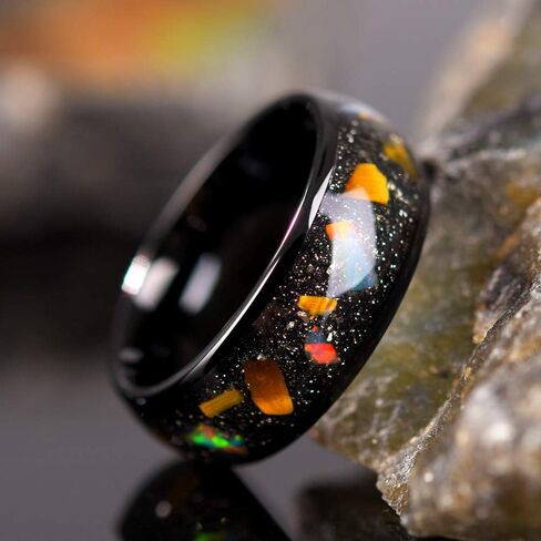 THREE KEYS JEWELRY 8mm Galaxy Tungsten Wedding Rings for Men with Created-opal & Tiger-Eye-Stone Inlay in Saudi Arabia