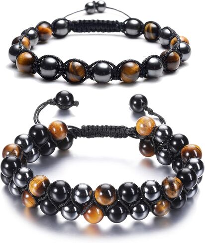 jovivi 1-2pcs سوار حماية ثلاثية للرجال النساء، 8mm الهيماتيت الطبيعي الأسود حجر السج حجر الكريستال سوار الحمم الصخور الخرز أساور القلق، جولة الأحجار الكريمة بلورات الشفاء سوار لحسن الحظ in Kuwait