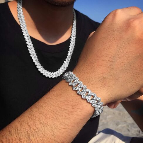 سوار Luxfine 12 مم كوبي لا يسبب الحساسية 14 قيراط مطلي بالذهب الحقيقي مثلج خارج الهيب هوب مجوهرات 5A+ إعداد شوكة زركونيا مكعب للرجال والنساء هدية عيد الميلاد وعيد الميلاد in Kuwait