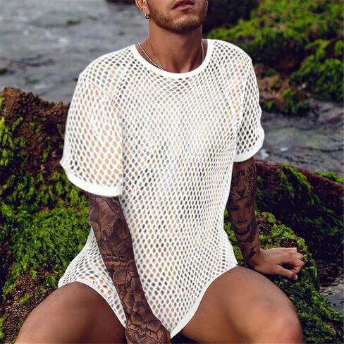 Black Sexy Fishnet See Through T Shirt Men 2022 Short Sleeve Workout T Shirt Men Mesh Transparent Tee Shirt in Saudi Arabia
