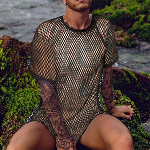 Black Sexy Fishnet See Through T Shirt Men 2022 Short Sleeve Workout T Shirt Men Mesh Transparent Tee Shirt in Saudi Arabia
